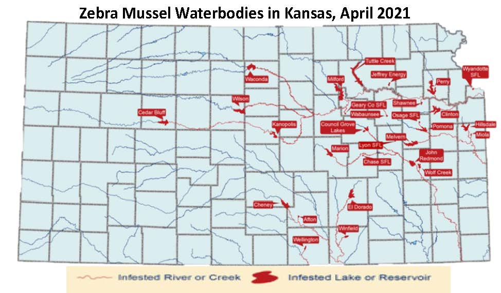 map of zebra mussel waterbodies in Kansas, April 2021