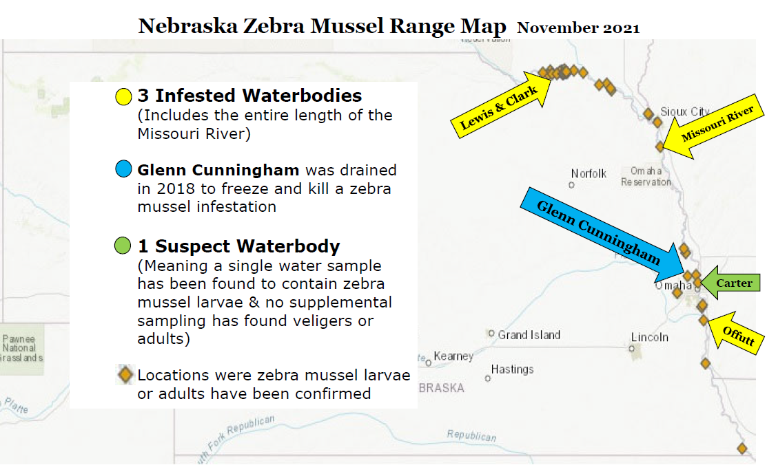 map of zebra mussel range in Nebraska