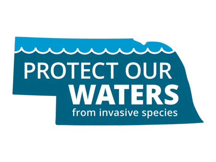 Blue logo shaped like Nebraska with text "Protect Our Waters from invasive species."